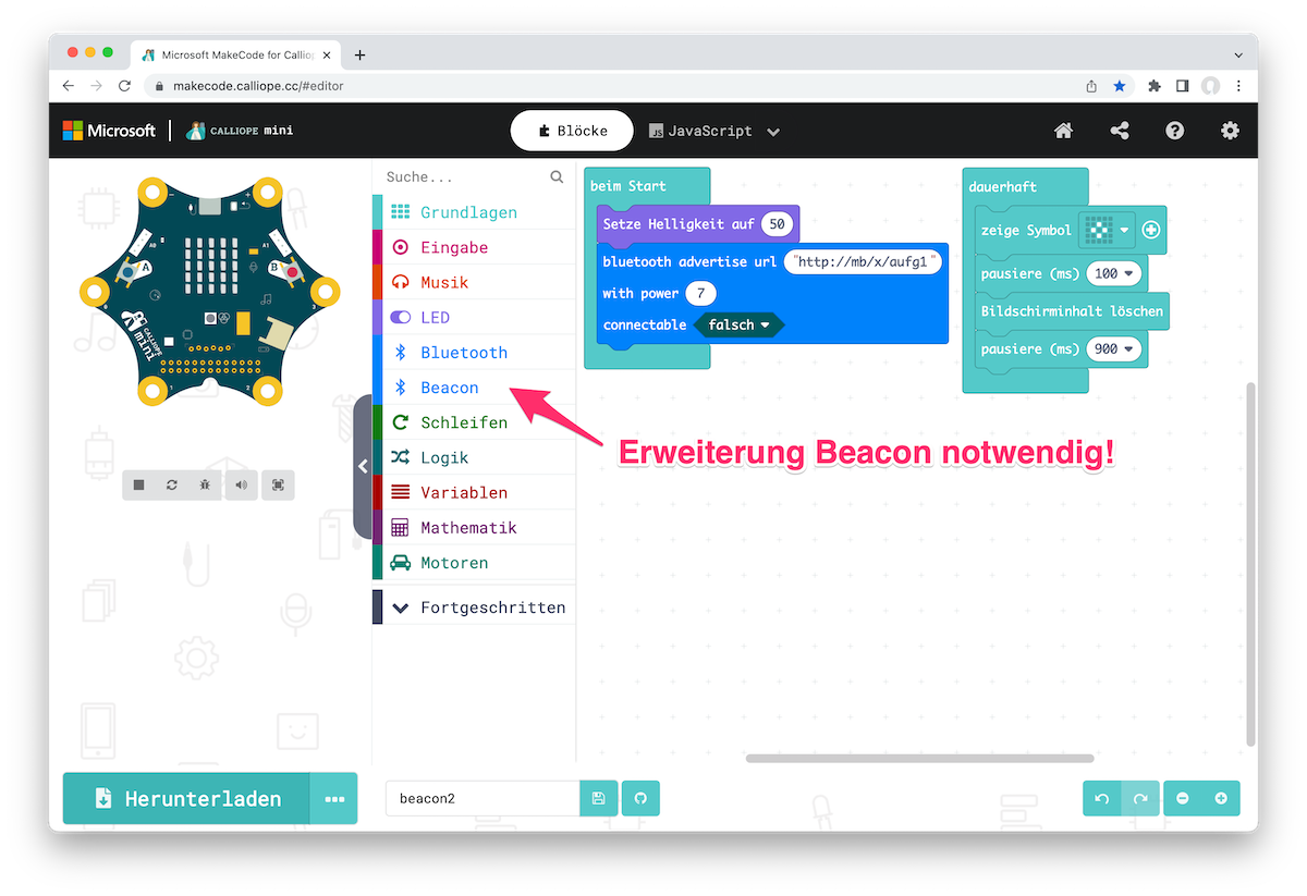 Editor MakeCode mit Beacon-Erweiterung